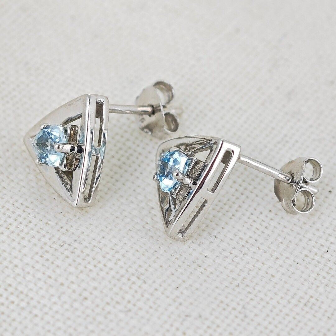 Blue Topaz Earrings Sterling Silver Studs Trillion