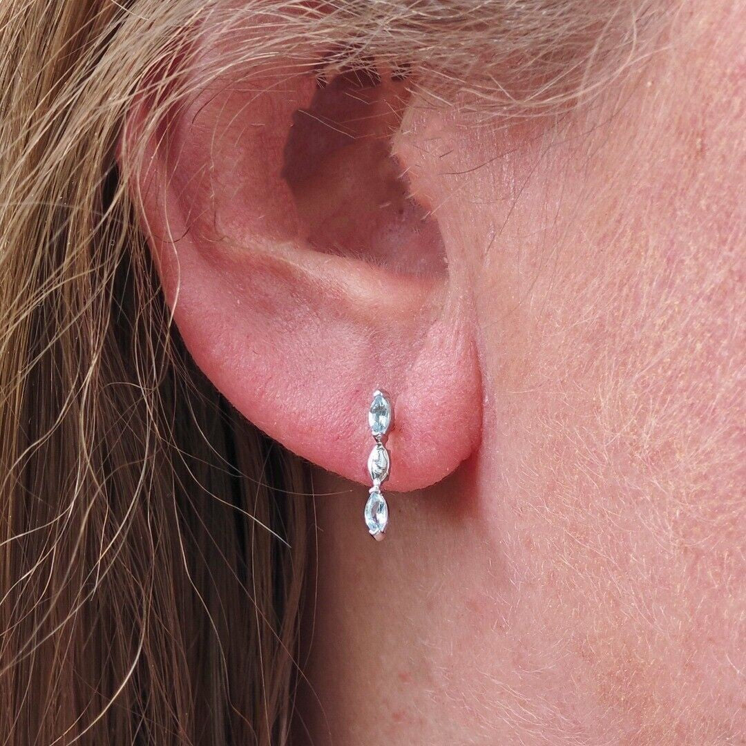 Silver Blue Topaz Earrings Infinity Marquise Natural Gemstone Studs