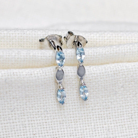 Silver Blue Topaz Earrings Infinity Marquise Natural Gemstone Studs