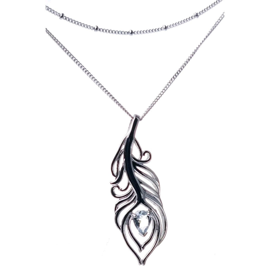 Aquamarine Necklace Set Sterling Silver Peacock Feather Pendant 22