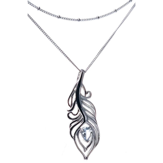 Aquamarine Necklace Set Sterling Silver Peacock Feather Pendant 22