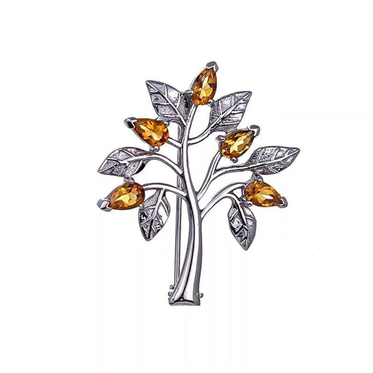 Citrine Brooch Tree of Life Sterling Silver Yellow Boxed Gift