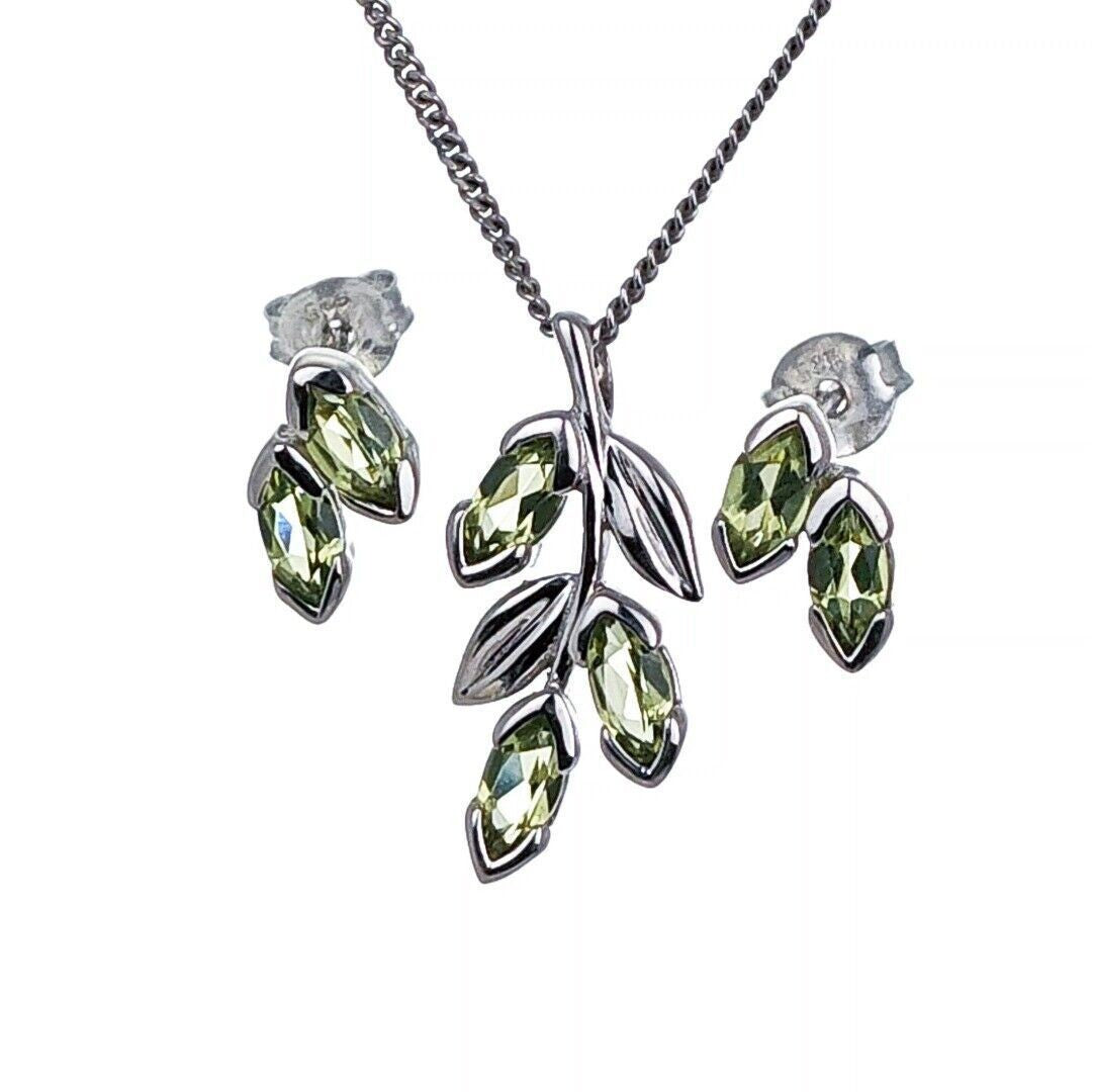 set peridot pendant earrings sterling silver olive leaves designed in the UK