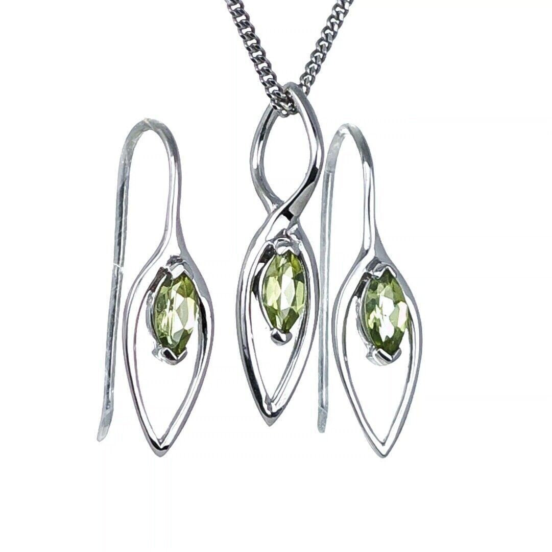 set peridot necklace dangle earrings sterling silver marquise designed in the UK