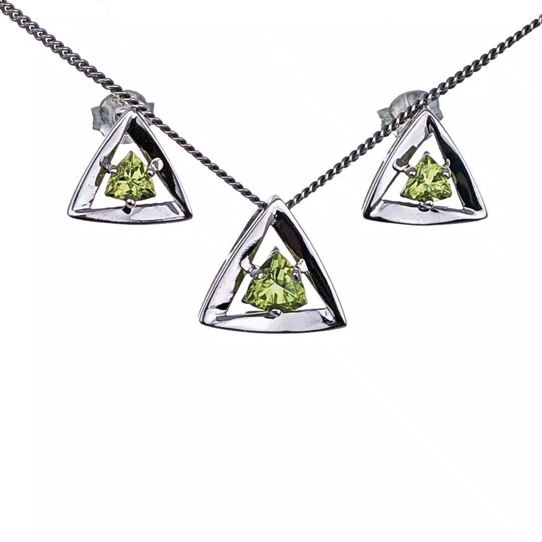 set peridot necklace stud earrings sterling silver green trillion designed in the UK