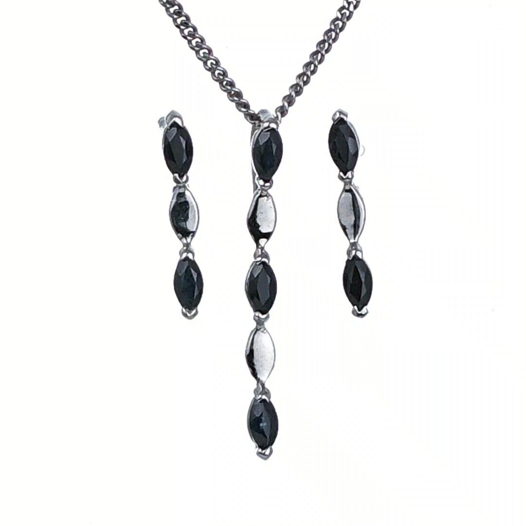 Sapphire Set Pendant Earrings Sterling Silver Marquise Drop