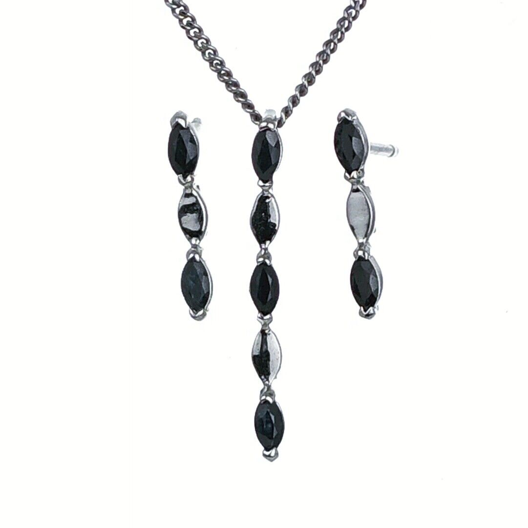 Sapphire Set Pendant Earrings Sterling Silver Marquise Drop