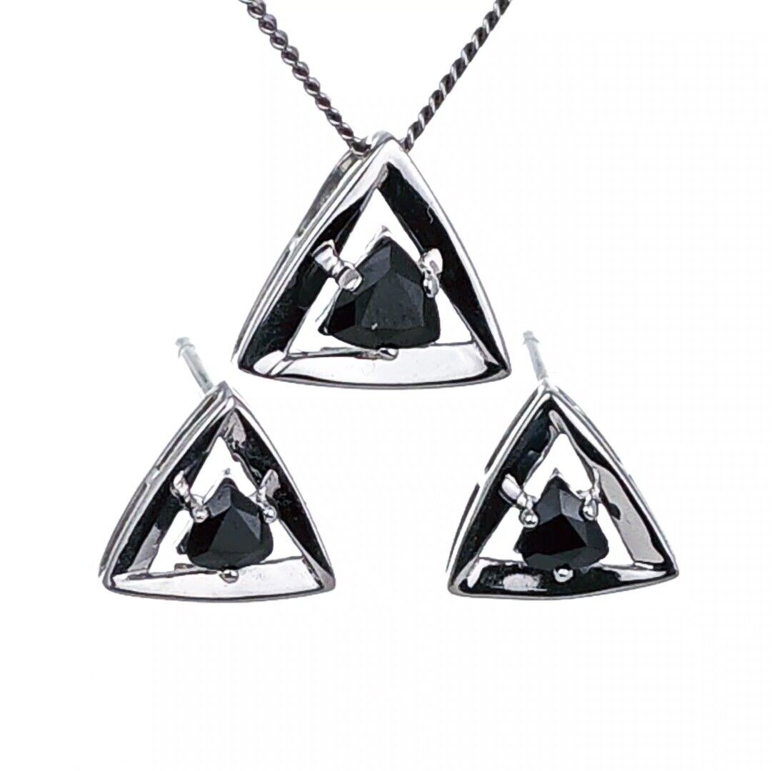 Sapphire Set Earrings Pendant Sterling Silver Trillion Triangle Inky Blue