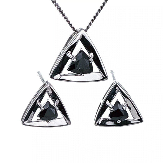 Sapphire Set Earrings Pendant Sterling Silver Trillion Triangle Inky Blue