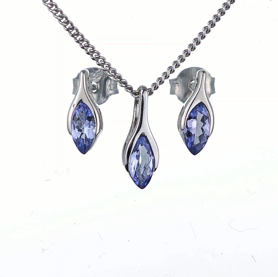 tanzanite set necklace earrings sterling silver small minimalist marquise designed in the UK