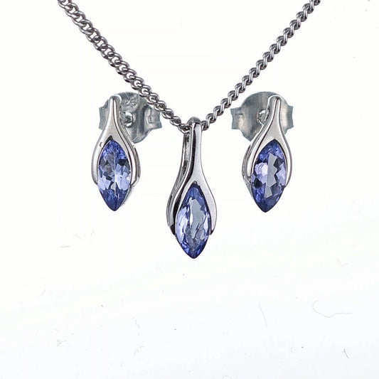 Tanzanite Set Necklace Earrings Sterling Silver SMALL Minimalist Marquise