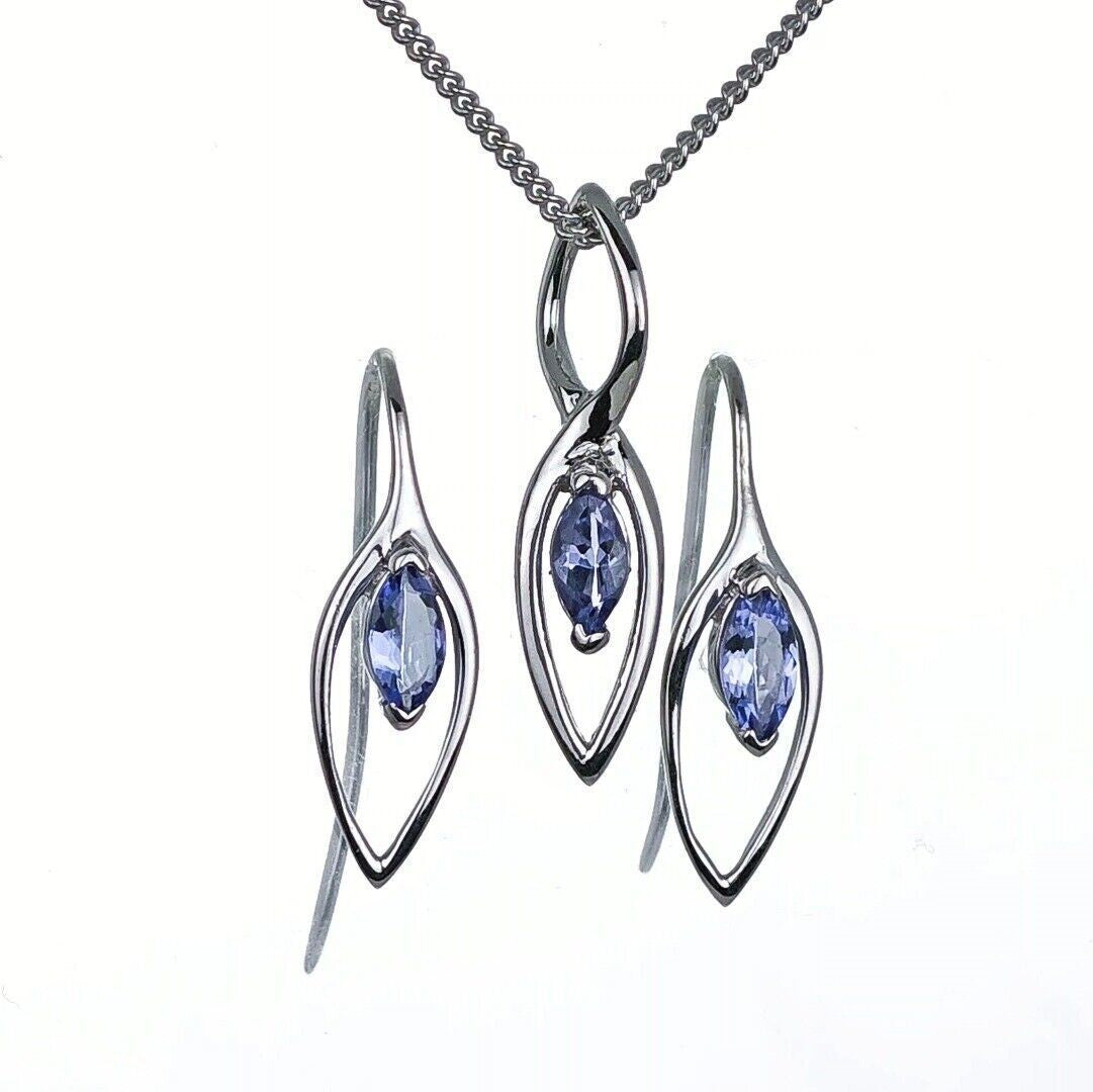 tanzanite set necklace earrings sterling silver marquise dangle designed in the UK