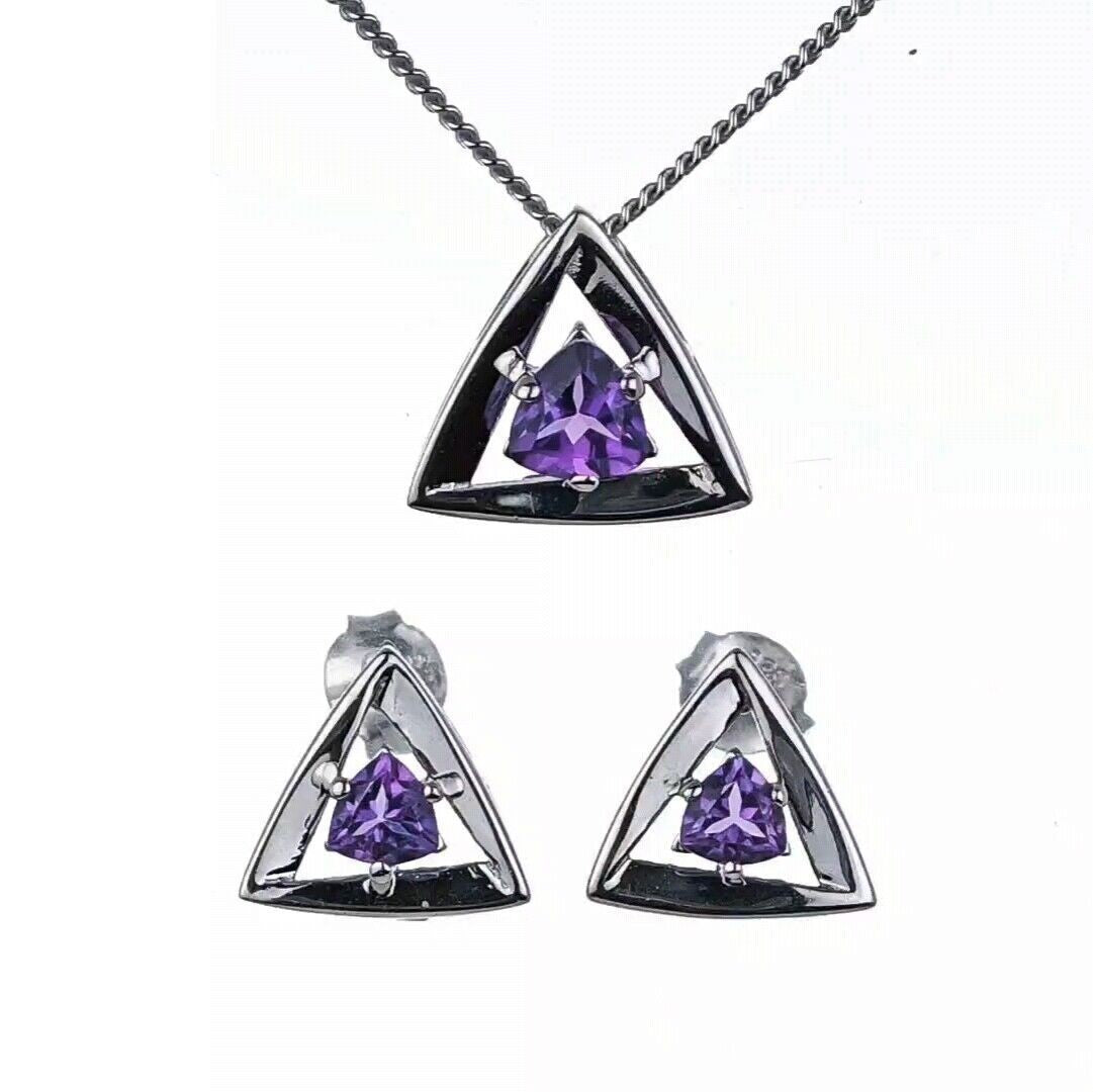 Amethyst Set Necklace Earrings Sterling Silver Studs Trillion