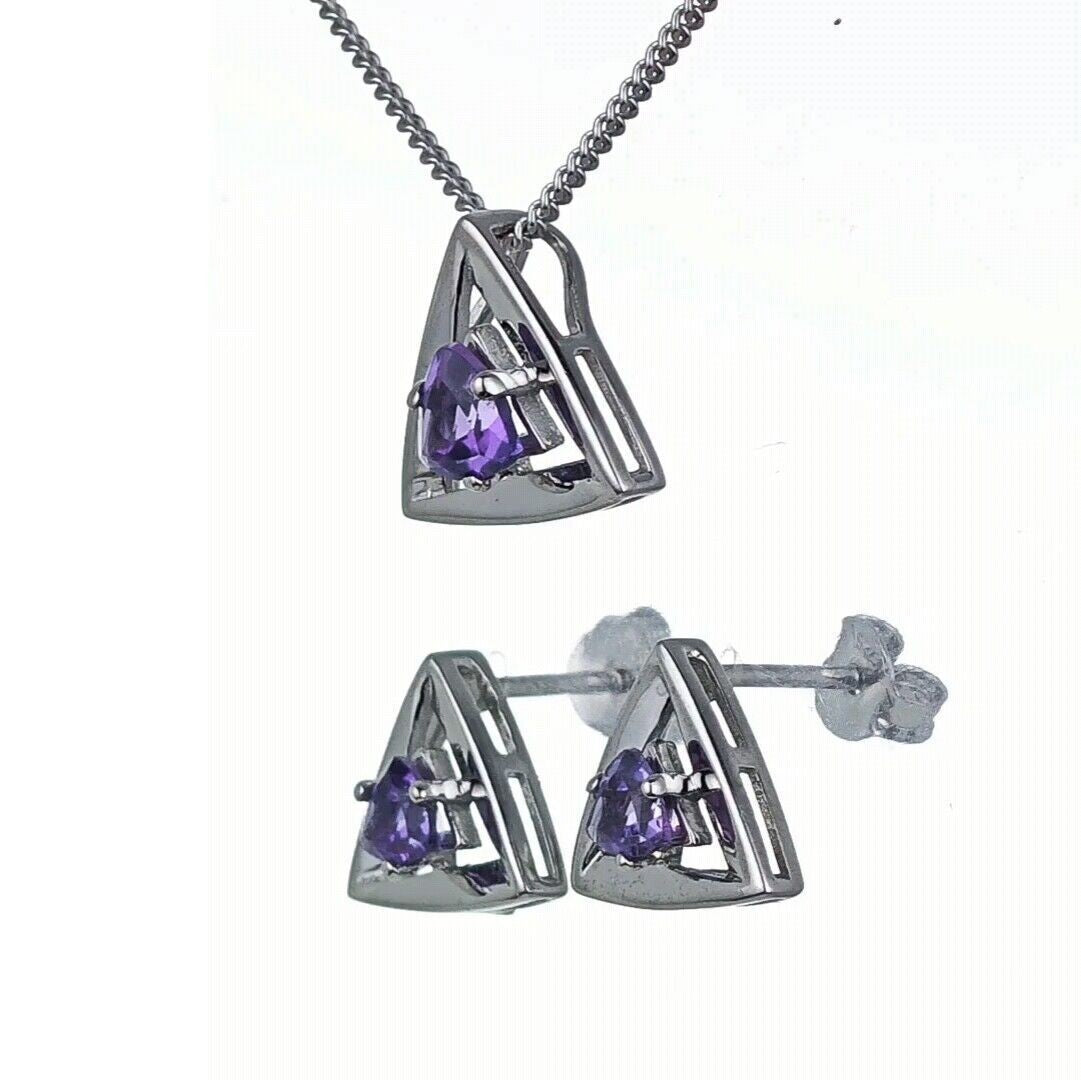 Amethyst Set Necklace Earrings Sterling Silver Studs Trillion