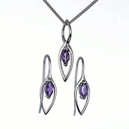 Amethyst Set Earrings Pendant Sterling Silver Marquise Infinity Loop