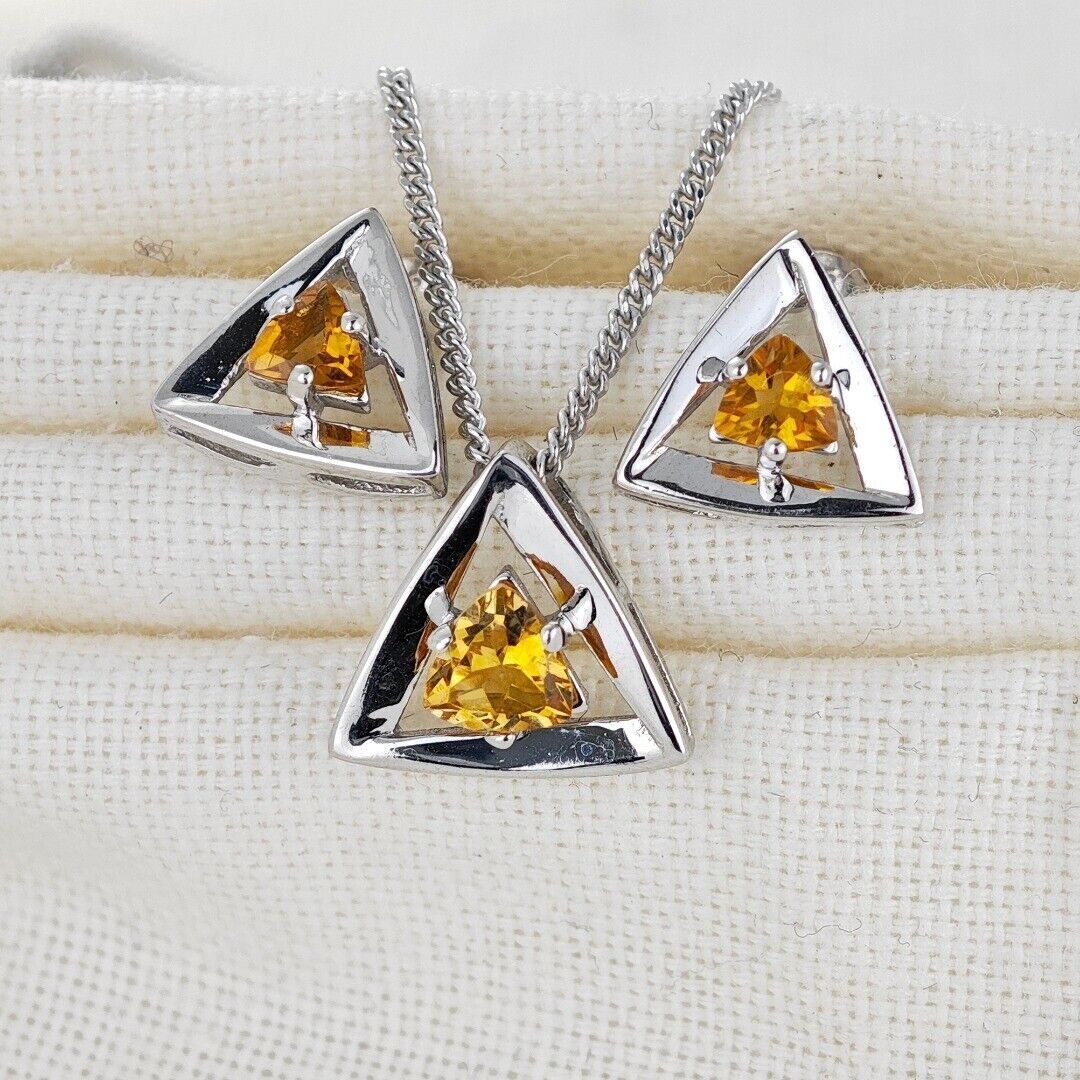 citrine set necklace earrings sterling silver yellow trillion designed in the UK