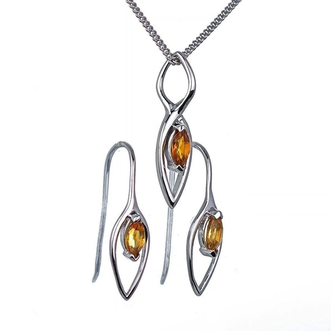 Citrine Set Earrings Pendant Sterling Silver Marquise Infinity Loop