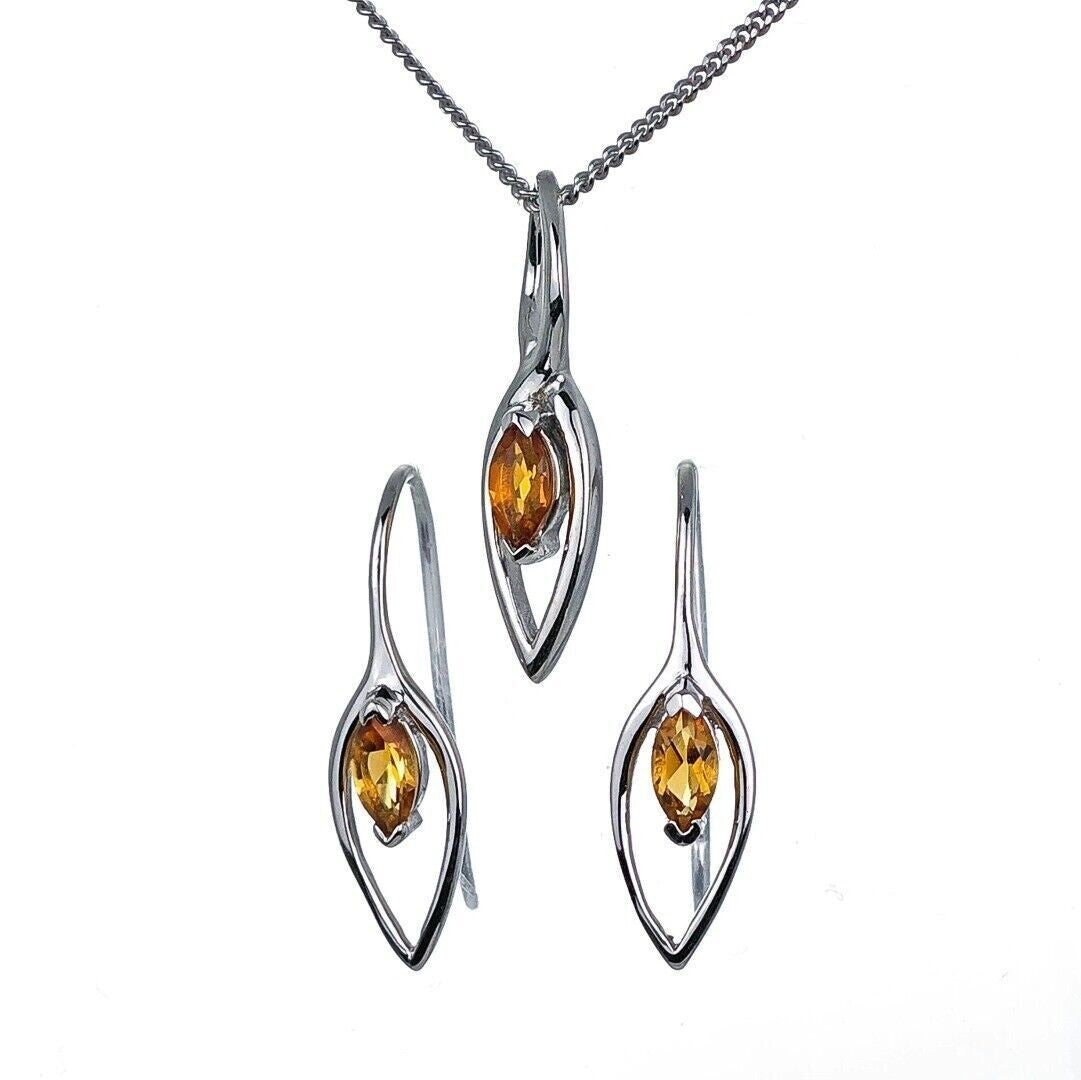 Citrine Set Earrings Pendant Sterling Silver Marquise Infinity Loop