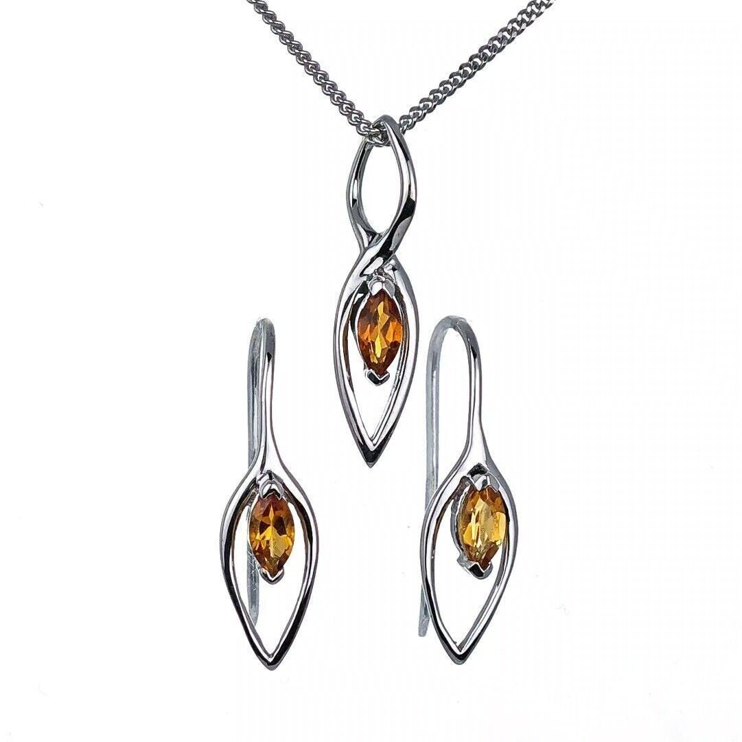 Citrine Set Earrings Pendant Sterling Silver Marquise Infinity Loop