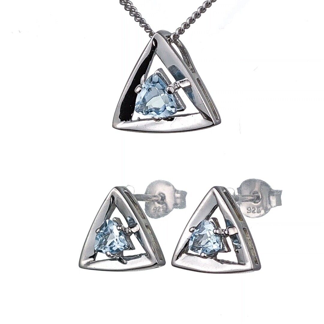 blue topaz set necklace earrings sterling silver studs trillion designed in the UK