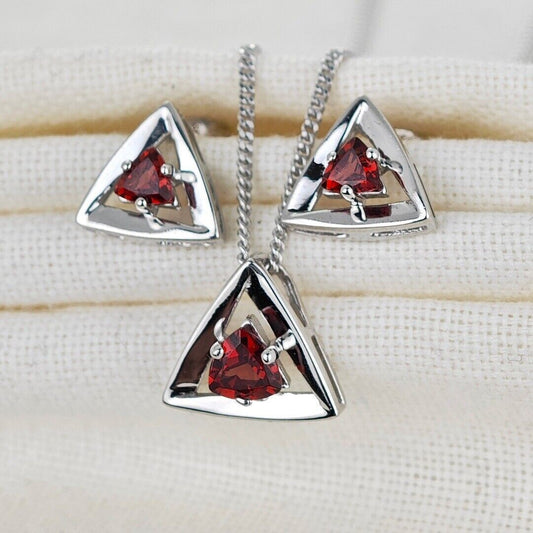 Garnet Trillion Set Necklace Stud Earrings