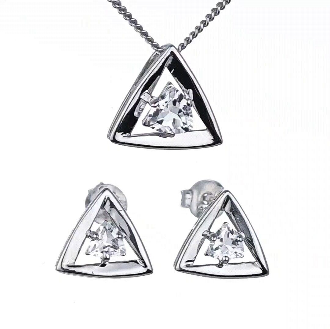 White Topaz Set Necklace Earrings Sterling Silver Studs Trillion