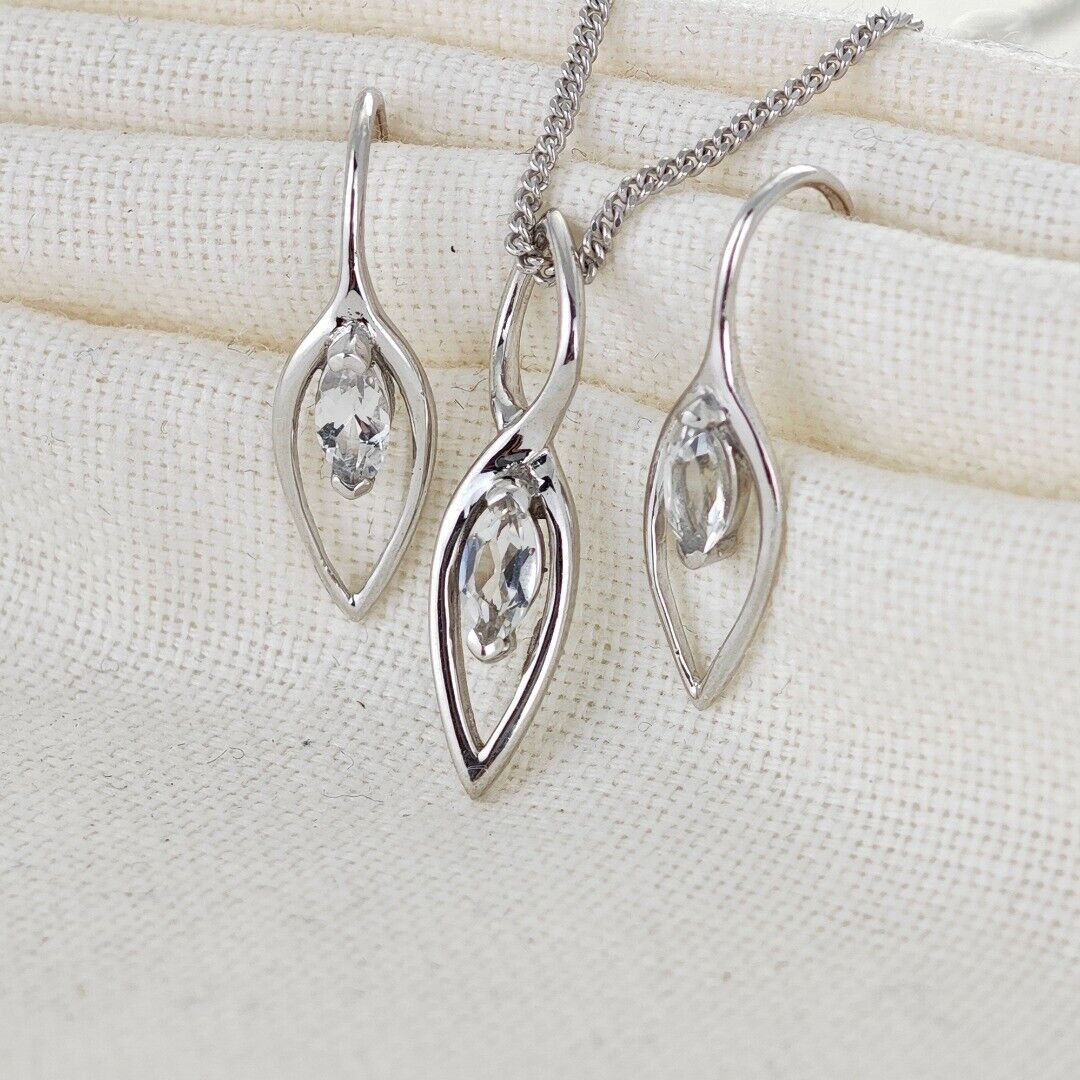 White Topaz Set Earrings Pendant Sterling Silver Marquise Infinity Loop