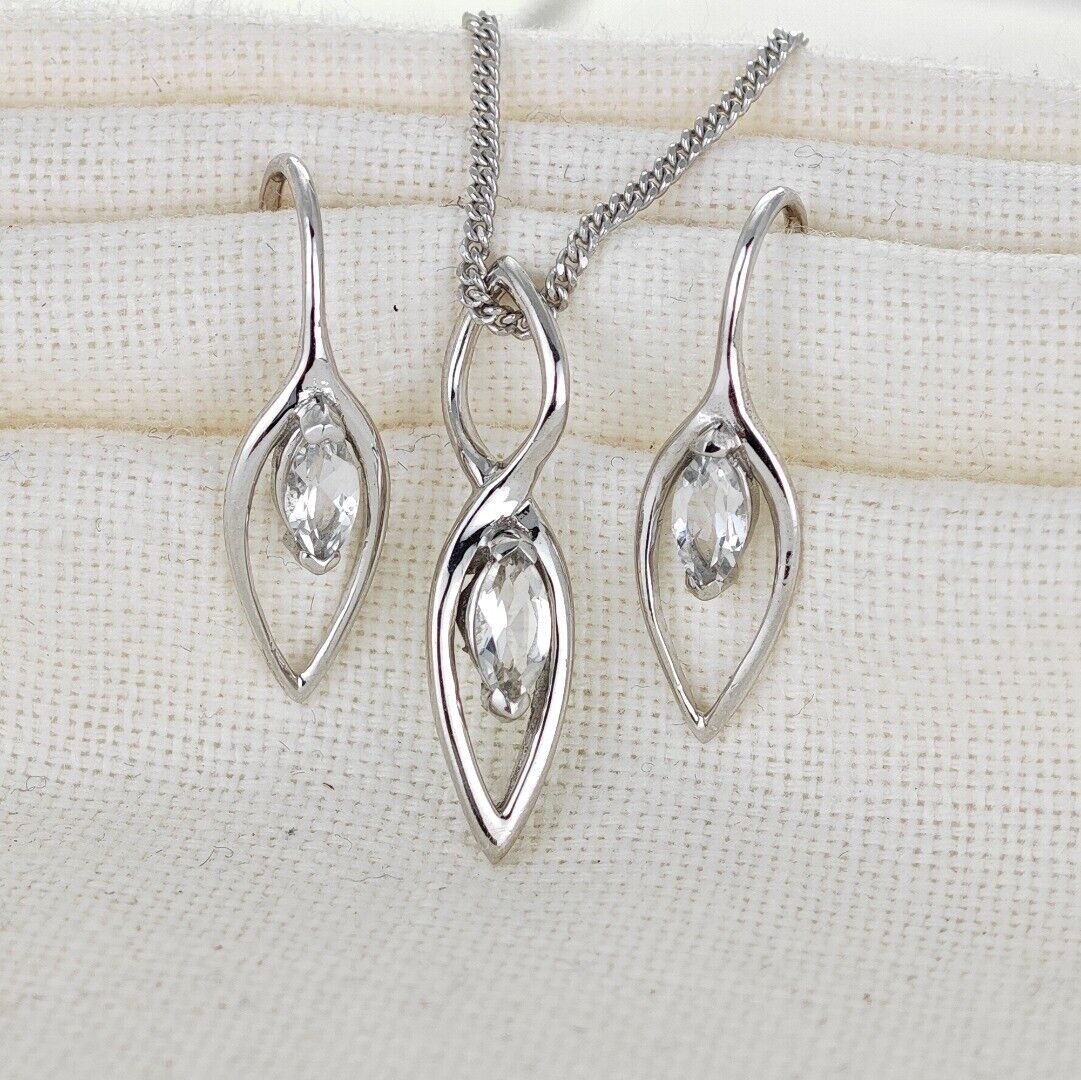 White Topaz Set Earrings Pendant Sterling Silver Marquise Infinity Loop
