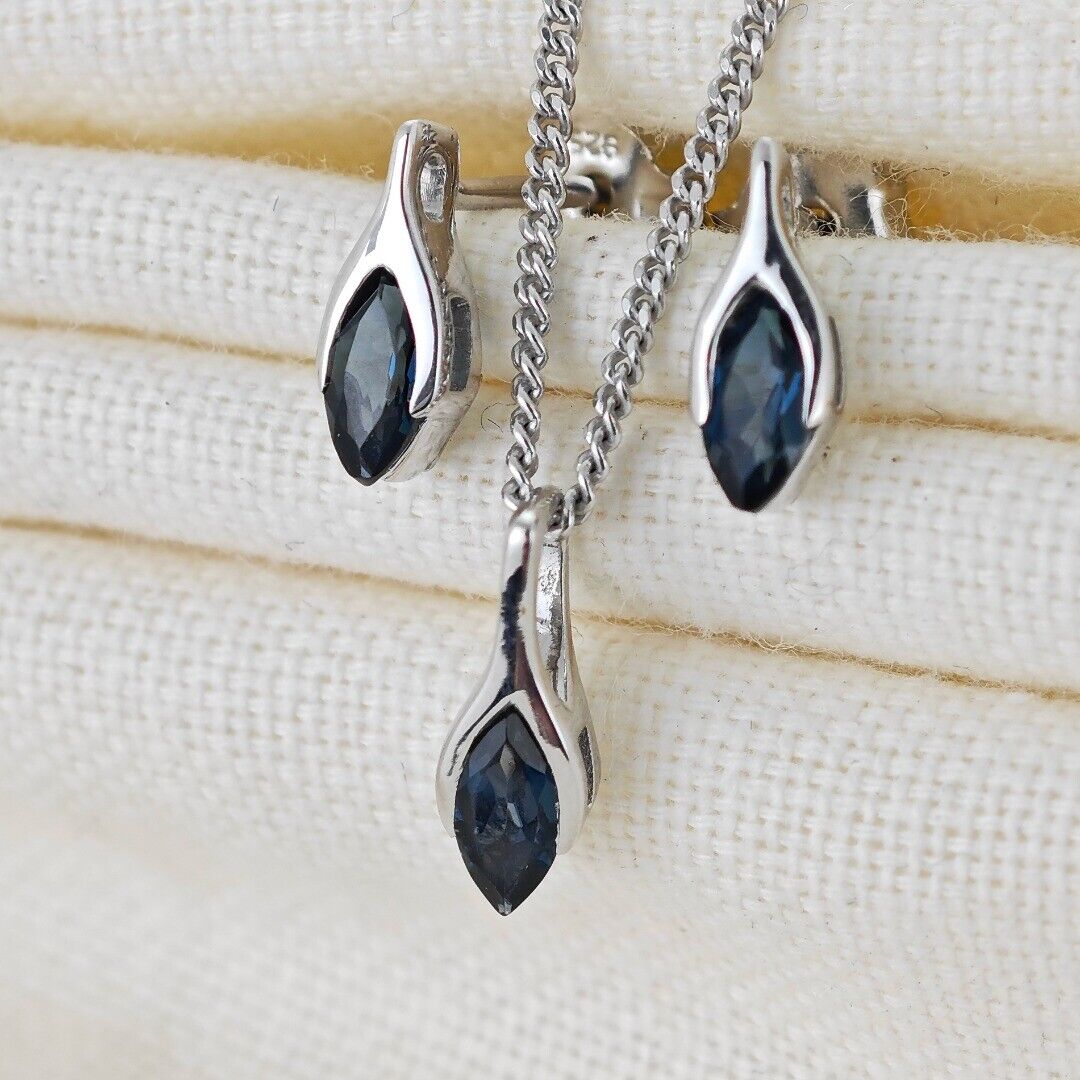 London Blue Topaz Minimalist Marquise Jewellery Set in Sterling Silver
