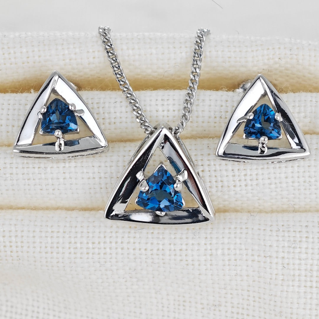 London Blue Topaz Set Pendant Earrings Sterling Silver Studs Trillion