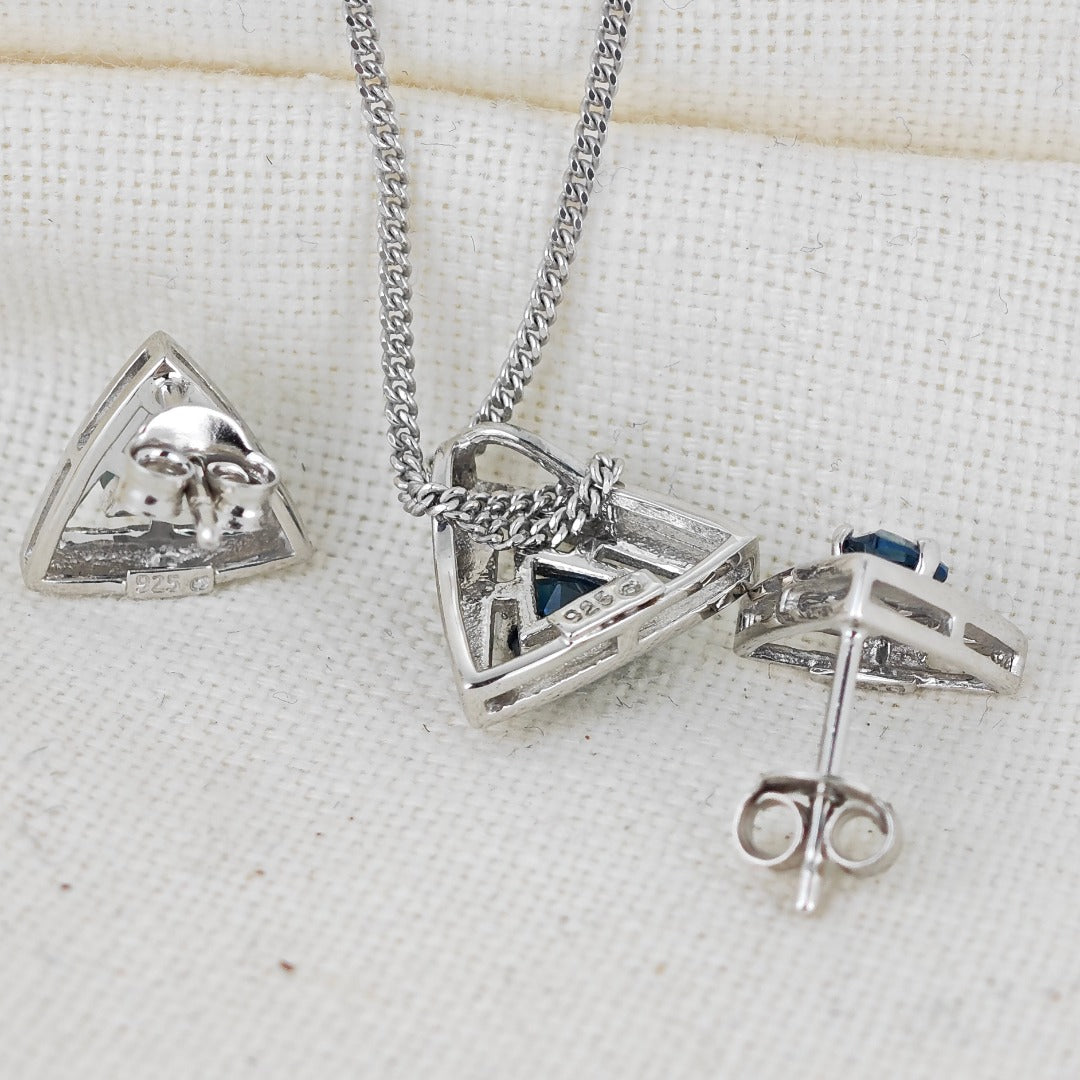 London Blue Topaz Set Pendant Earrings Sterling Silver Studs Trillion