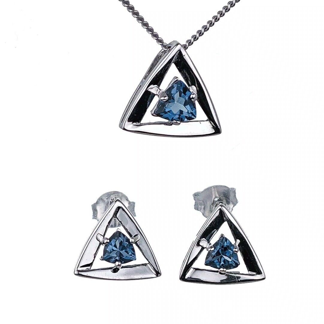 london blue topaz set pendant earrings sterling silver studs trillion designed in the UK