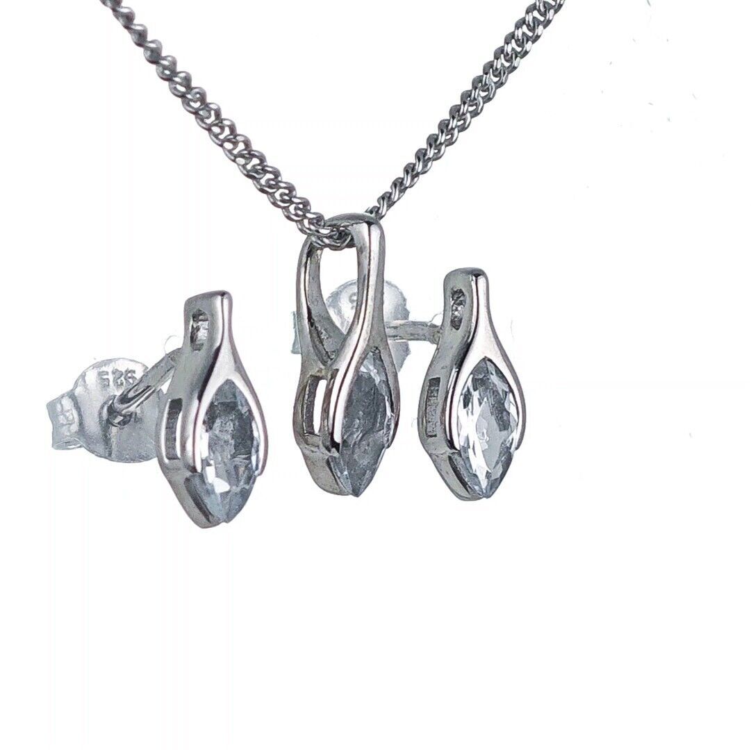 Aquamarine Set Necklace Earrings Sterling Silver Studs Minimalist Marquise