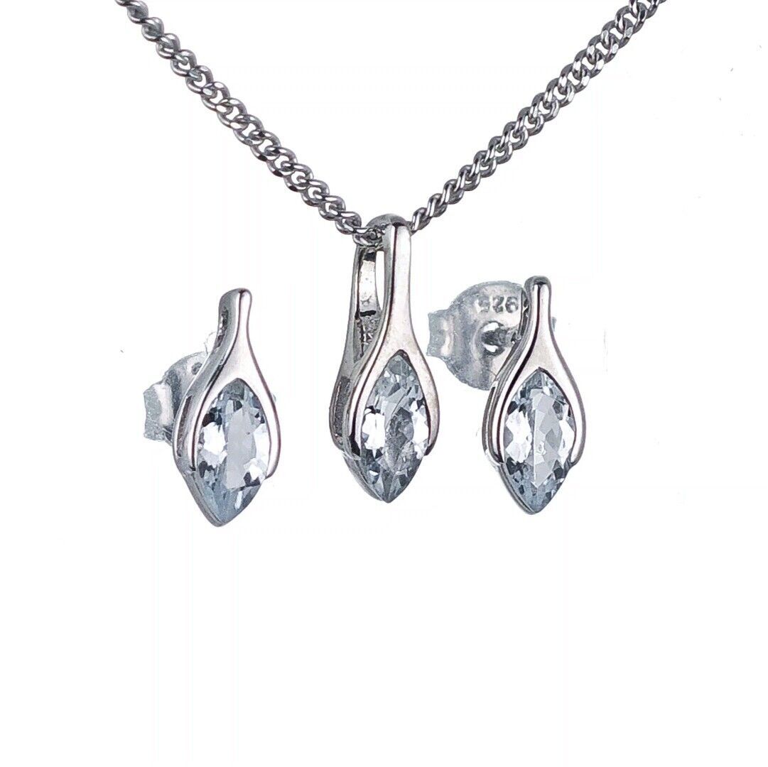 Aquamarine Set Necklace Earrings Sterling Silver Studs Minimalist Marquise
