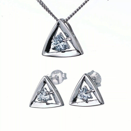Aquamarine Set Necklace Earrings Sterling Silver Studs Trillion