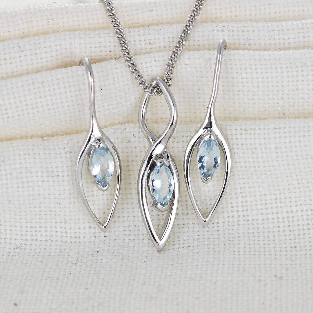 Aquamarine Set Earrings Pendant Sterling Silver Marquise Dangle