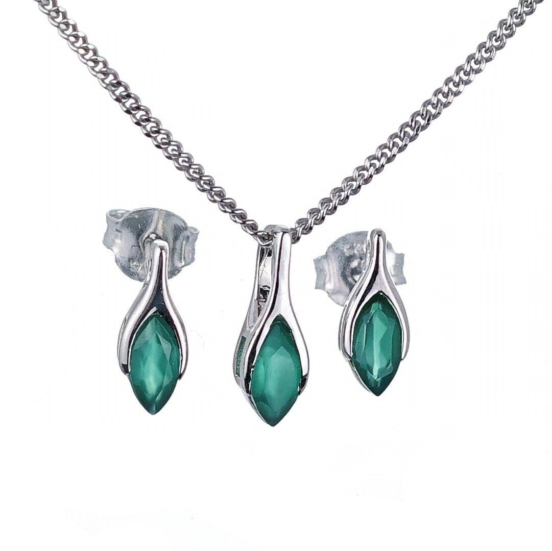 Green Onyx Minimalist Marquise Jewellery Set in Sterling Silver