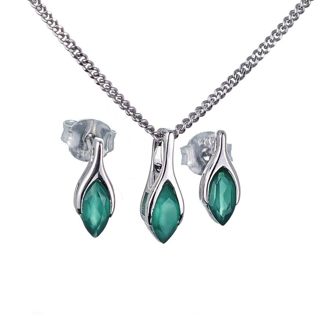 onyx green set necklace earrings sterling silver studs minimalist marquise designed in the UK