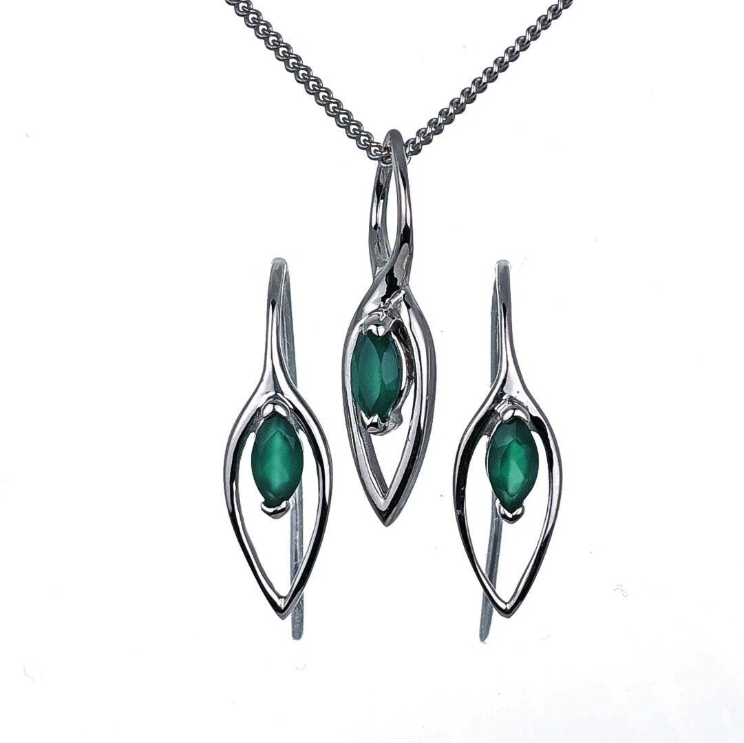 Green Onyx Marquise Dangle Jewellery Set in Sterling Silver