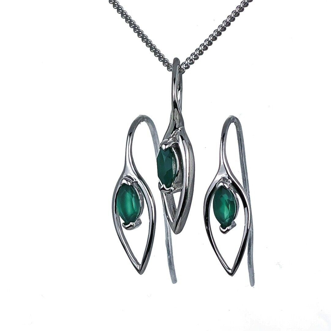 Green Onyx Marquise Dangle Jewellery Set in Sterling Silver