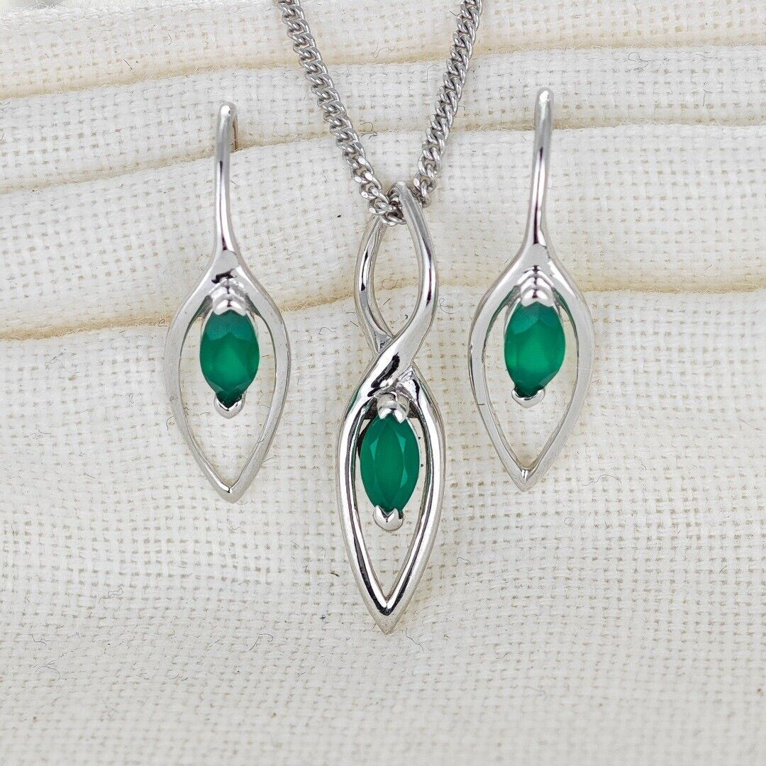 Green Onyx Marquise Dangle Jewellery Set in Sterling Silver