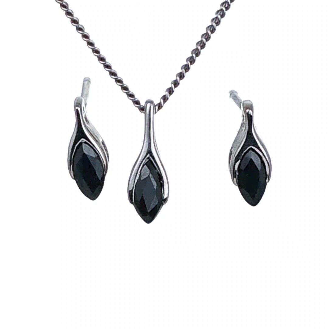 Sapphire Set Earrings Pendant Sterling Silver SMALL Solitaire Minimalist Marquise