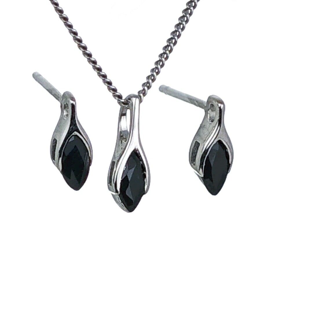 Sapphire Set Earrings Pendant Sterling Silver SMALL Solitaire Minimalist Marquise