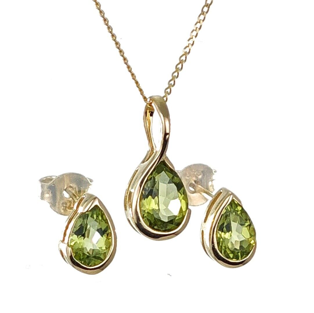 9ct gold peridot set earrings pendant green pear solitaire designed in the UK