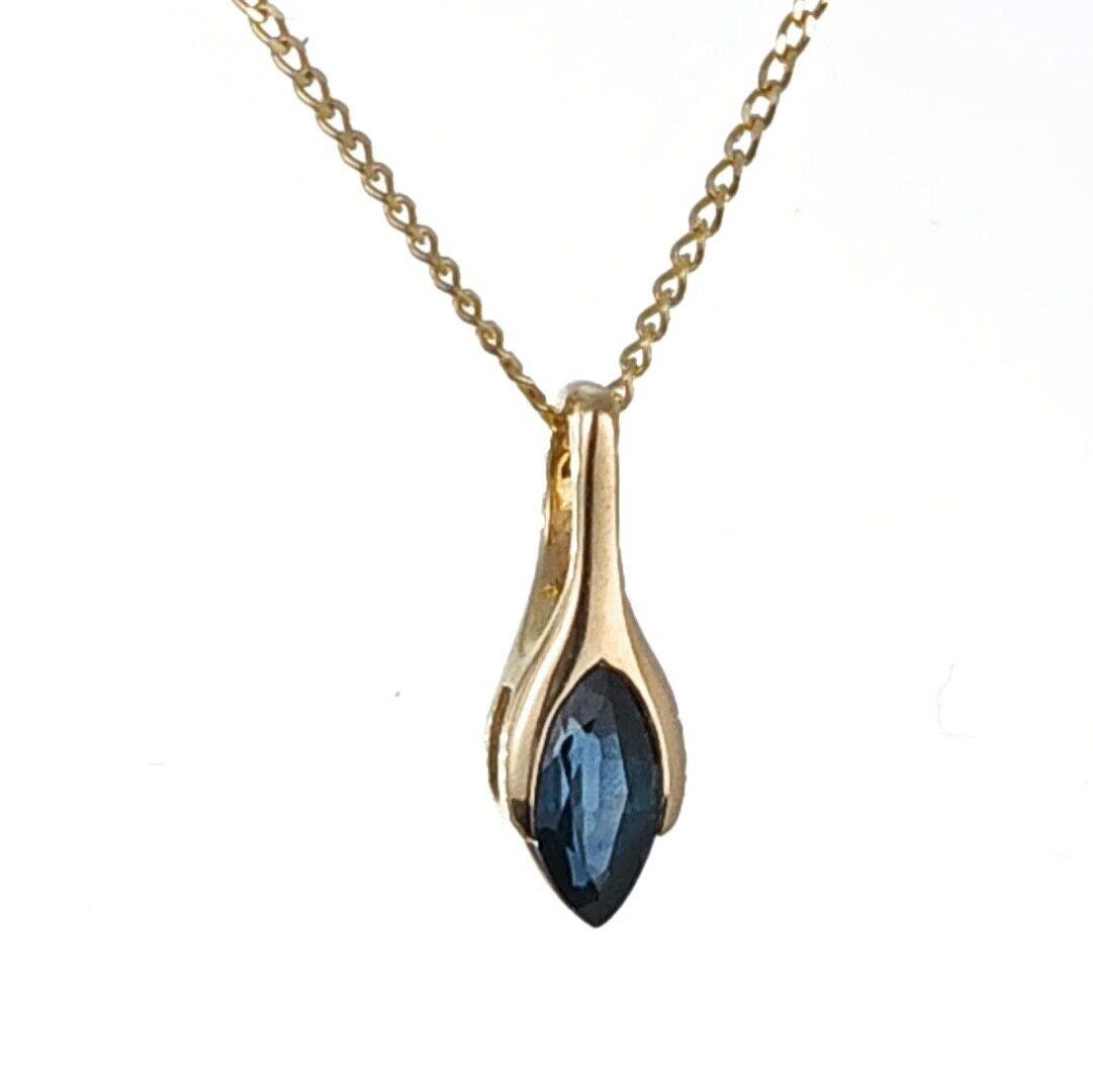 9ct Blue Sapphire Pendant Yellow Gold Minimalist Marquise UK Design