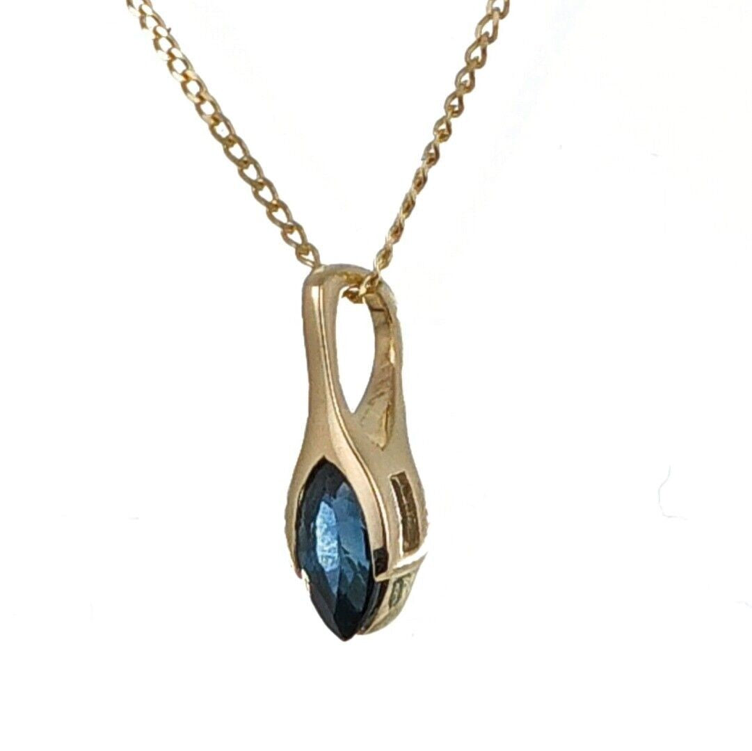 9ct Blue Sapphire Pendant Yellow Gold Minimalist Marquise UK Design