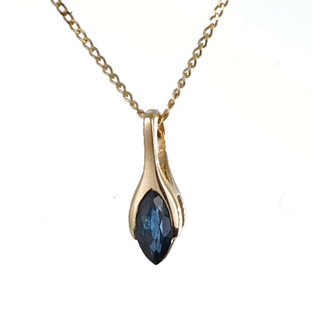 9ct Blue Sapphire Pendant Yellow Gold Minimalist Marquise UK Design
