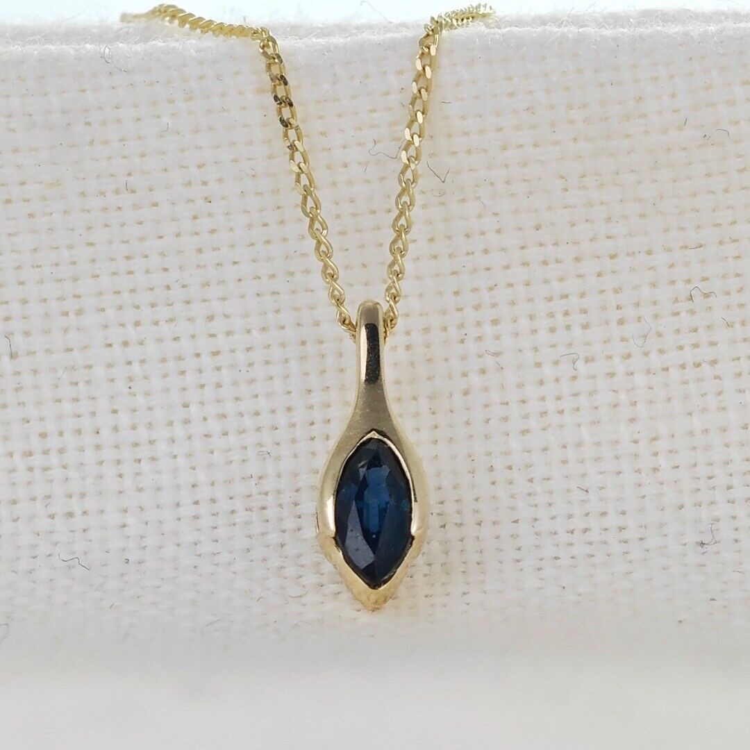 9ct Blue Sapphire Pendant Yellow Gold Minimalist Marquise UK Design