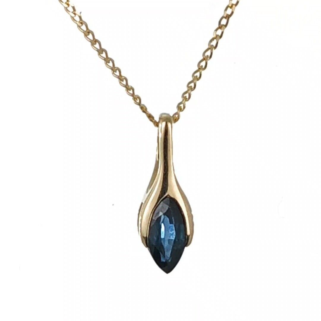 9ct Blue Sapphire Pendant Yellow Gold Minimalist Marquise UK Design