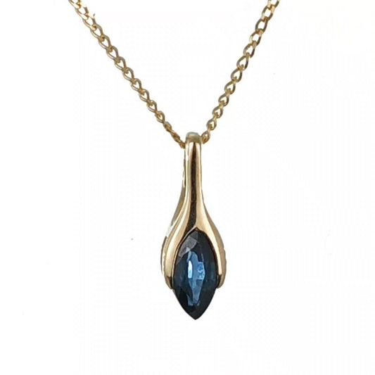 9ct Blue Sapphire Pendant Yellow Gold Minimalist Marquise UK Design